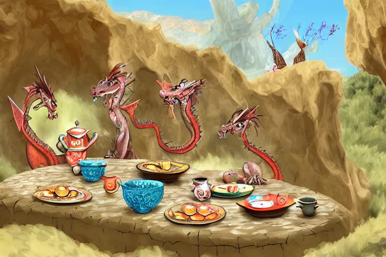 Prompt: a dragon tea party in a desert cave, digital art