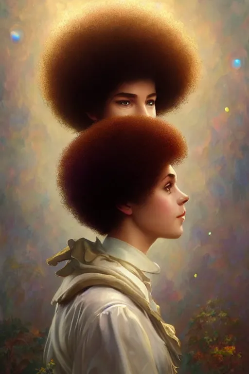 Image similar to bob ross android, dreamy and ethereal, ( colour ) eyes, peaceful expression, ornate frilly dress, fantasy, intricate, elegant, rainbow bubbles, highly detailed, digital painting, artstation, concept art, smooth, sharp focus, illustration, art by artgerm and greg rutkowski and alphonse mucha