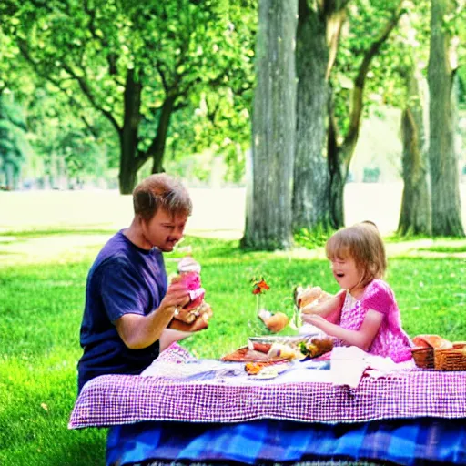 Image similar to A family having a picnic in park from the perspective of an ant on the table - 35mm