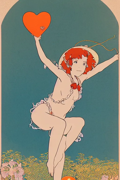Prompt: A girl in a white lacy bikini and white sun hat and Holding a heart-shaped lifebuoy, jumping for joy,long orange hair floating on air ,Waves and splashes,beach ,Smooth visual lines,graphic Design by mucha and studio ghibli