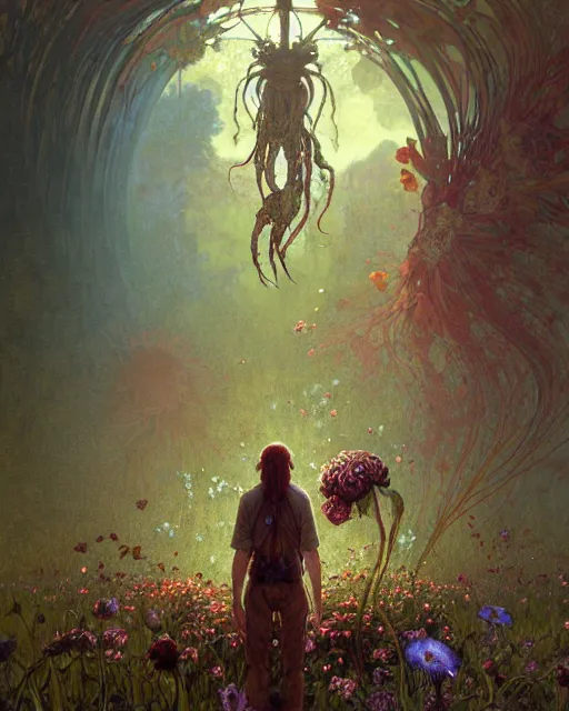 Image similar to the platonic ideal of flowers, rotting, insects and praying of cletus kasady carnage davinci dementor chtulu mandelbulb mandala ponyo the last of us dinotopia the witcher, fantasy, ego death, decay, dmt, psilocybin, concept art by greg rutkowski and simon stalenhag and alphonse mucha