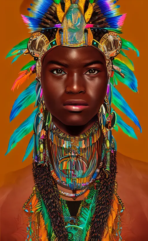Prompt: upper half portrait of retro futuristic african tribal chief - embellished with vegetation and iridescent crystals, art by stanley artgem lau, highly detailed, digital painting, concept art, illustration, smooth sharp focus, intricate, symmetry, artstation, colourful,
