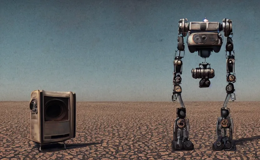 Image similar to a robot made out of vintage televisions, walking through the desert, desperate looking for water, digital art