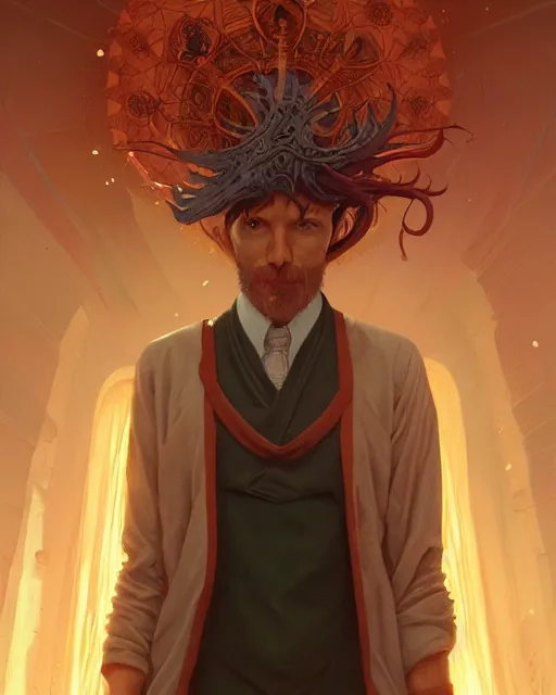 Image similar to highly detailed surreal vfx portrait of a mythpunk mage, stephen bliss, unreal engine, greg rutkowski, loish, rhads, beeple, makoto shinkai and lois van baarle, ilya kuvshinov, rossdraws, tom bagshaw, alphonse mucha, global illumination, detailed and intricate environment