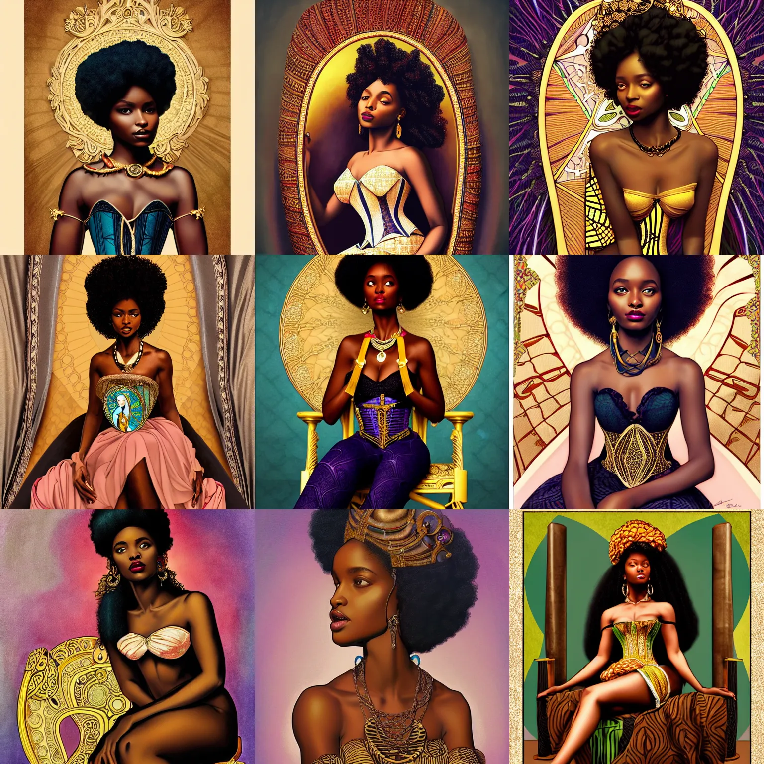 Prompt: beautiful african goddess with an afro, sitting on an royal throne, wearing corset, inspired by yara shahidi, dark tone, studio lighting, inspired by alphonse mucha and brom art