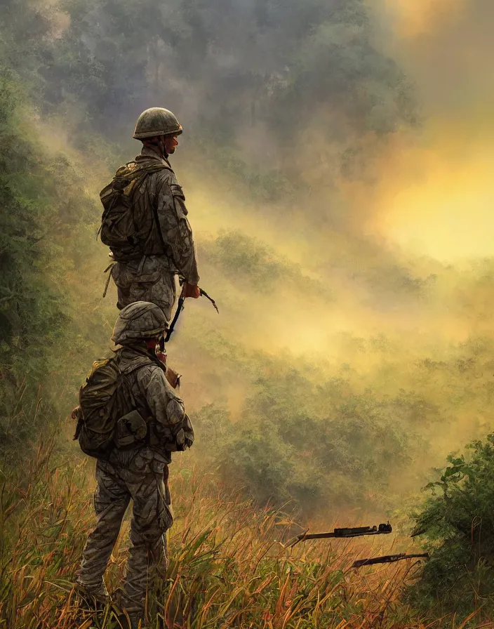 Prompt: A lonely american soldier beholds the vastness of the jungle at the Vietnam War, fire and mist, boixcar style, oil on canvas cover art with warm and vibrant colors, cinematic lighting, art by Stanley ‘Artgerm’ Lau, Greg Rutkowski and Alex Ross, award-winning masterpiece with incredible and beautiful details digital art, trending on artstation, smooth, HD, 4K