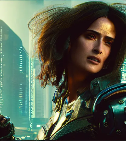 Image similar to cyberpunk 2 0 7 7, charismatic rugged female battle salma hayek - mage portrait, clothed in hooded, metal - plated battle armor atmospheric lighting painted intricate volumetric lighting, beautiful, sharp focus, ultra detailed by leesha hannigan, ross tran, thierry doizon, kai carpenter, ignacio fernandez rios