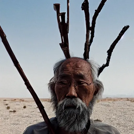 Image similar to full body shot of floating old asian man with long beard, his head covered in roots, full face occult silver mask, glowing eyes, wearing a large carved wooden fractal stick, smoke around him, in the burning soil desert, cinematic shot, wide angle, desert background, dry volumetric lighting by Denis Villeneuve, Lubezki, Gaspar Noe Christopher Doyle and Alejandro Jodorowsky, anamorphic lens, anamorphic lens flares, kodakchrome, cinematic composition, practical effects, award winning photo, 8k