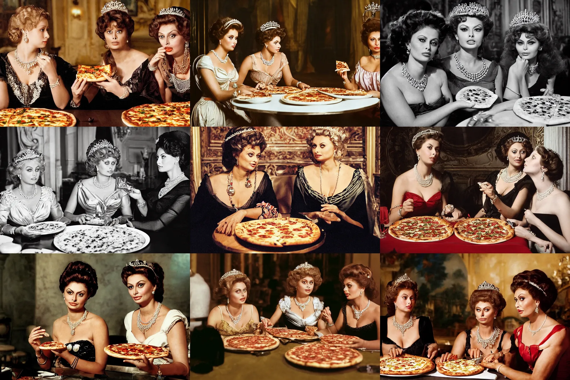 Prompt: a highly detailed photo of two young beautiful women sitting at a long take sharing a pizza margherita, queen margherita of savoy with tiara and pearl necklace, and sophia loren with black flowing hair, smooth lighting, masterpiece, timeless, photography by richard jenkins
