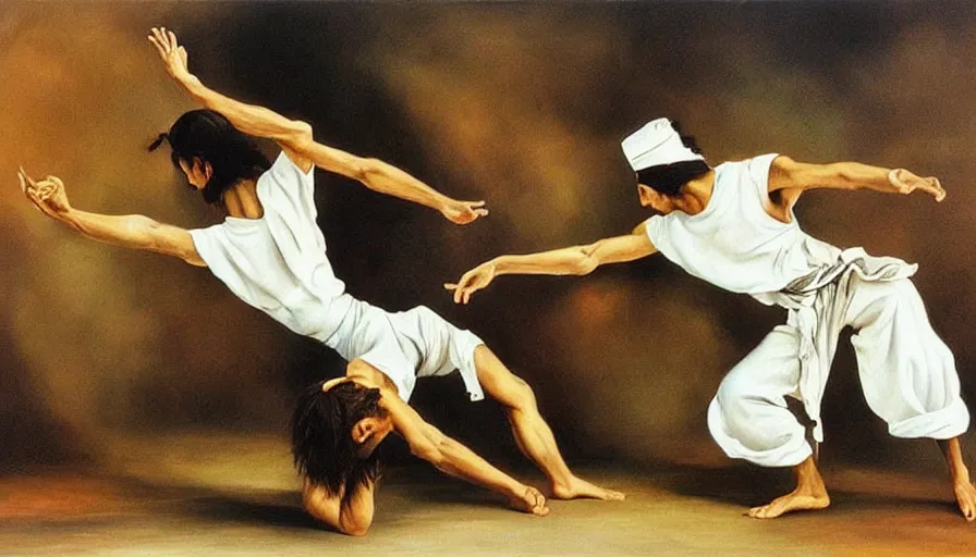 Image similar to capoeira, hyper realistic painting by salvador dali