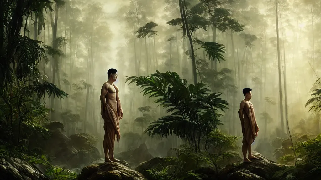 Prompt: by sung choi by john kirby artgerm and greg rutkowski by ivan shishkin, octane render, unreal engine, watercolor, telephoto, 8 k, natural lighting, in a symbolic and meaningful style, fit toned asian male draped in clear iridescent cloth, face show no emotion, standing inside a tropical forest