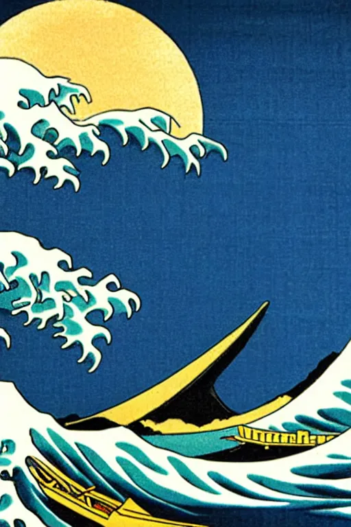 Image similar to The Great Wave off Kanagawa as a Vintage Travel Poster, Moon in the background