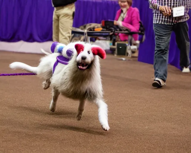 Prompt: gromit running the agility course at the westminster kennel club dog show