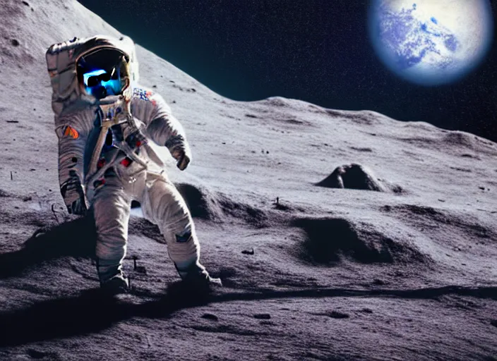 Image similar to digital art, trending on artstation, a man in an astronaut suit sitting on the moon while planet earth is exploding in the background, lunar landscape, moody