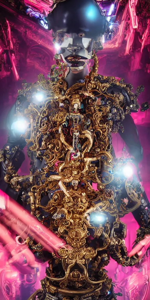 Image similar to baroque and cyberpunk style full-body sculpture of a young seductive Hispanic prince half android with a chest exposing a glowing ruby battery, glowing pink seductive laser eyes, crown of blue gears and diamonds, swirling salmon-colored silk fabric, robotic raptors dinosaurs. baroque elements. full-length view. intricate artwork by caravaggio. art by Artgerm and Greg Rutkowski and Alphonse Mucha, Trending on artstation, cinematic industrial lighting, photorealistic, octane render, 8k, depth of field, 3D