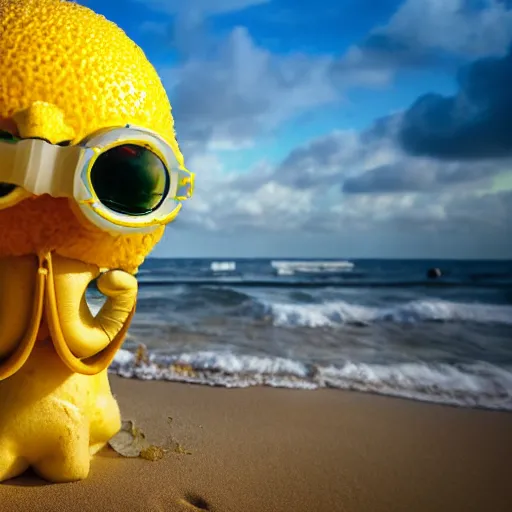 Image similar to 5 0 mm photograph, of a real anthropomorphic lemon character, with lemon skin texture, it is wearing a hat and scuba diving suit, building a sandcastle on the beach at sunset, beach, huge waves, sun, clouds, tropical trees, rim light, cinematic photography, professional, sand, sandcastle, volumetric lightening