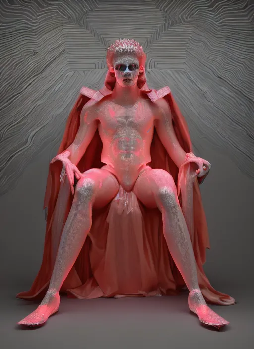 Prompt: photo of fullbodied baroque and bladerunner delicate neon hellfire sculpture of seductive brimstone black albino marble prince nick jonas orange iridescent humanoid deity wearing red plastic hooded cloak holding an glass skull in a onyx alien dungeon, reclining, glowing magenta face, crown of white diamonds, cinematic lighting, photorealistic, octane render 8 k depth of field 3 d