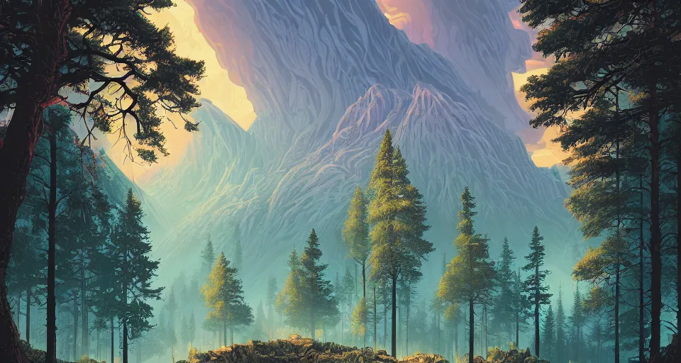 Image similar to a beautiful landscape with trees and mountains, by dan mumford, artstation, behance, highly detailed, concept art, dramatic lighting, magic hour lighting