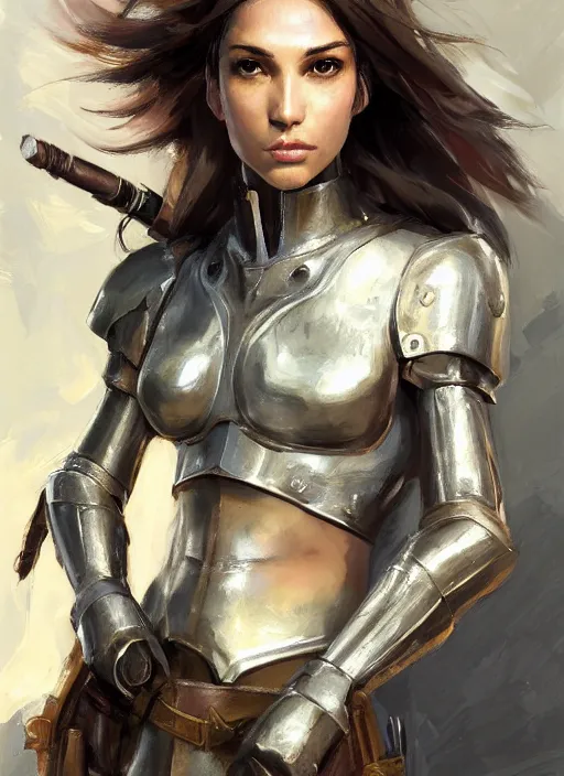 Image similar to a professionally painting of an attractive young female, partially dressed in battle armor, olive skin, long dark hair, beautiful bone structure, perfectly proportioned, symmetrical facial features, intricate, elegant, heroic pose, digital painting, concept art, smooth, sharp focus, finely detailed, beautifully framed, from Metal Gear, by Ruan Jia and Mandy Jurgens and William-Adolphe Bouguerea