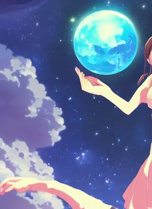 Image similar to a gigantic anime girl in outer space holding one single small blue planet in the palm of her hand. Anime, Makoto Shinkai, empty space, no planets, trending on ArtStation, digital art.