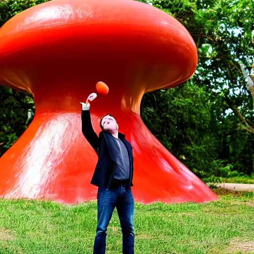 Image similar to portrait photo of elon musk finding a giant red mushroom, exhilarated, portrait, closeup. mouth open, 30mm, bokeh