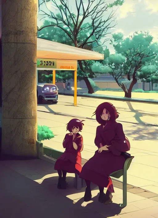 Image similar to two beautiful mothers waiting at a bus stop, gorgeous faces, smooth, thick lines, cinematic lighting, detailed anime art