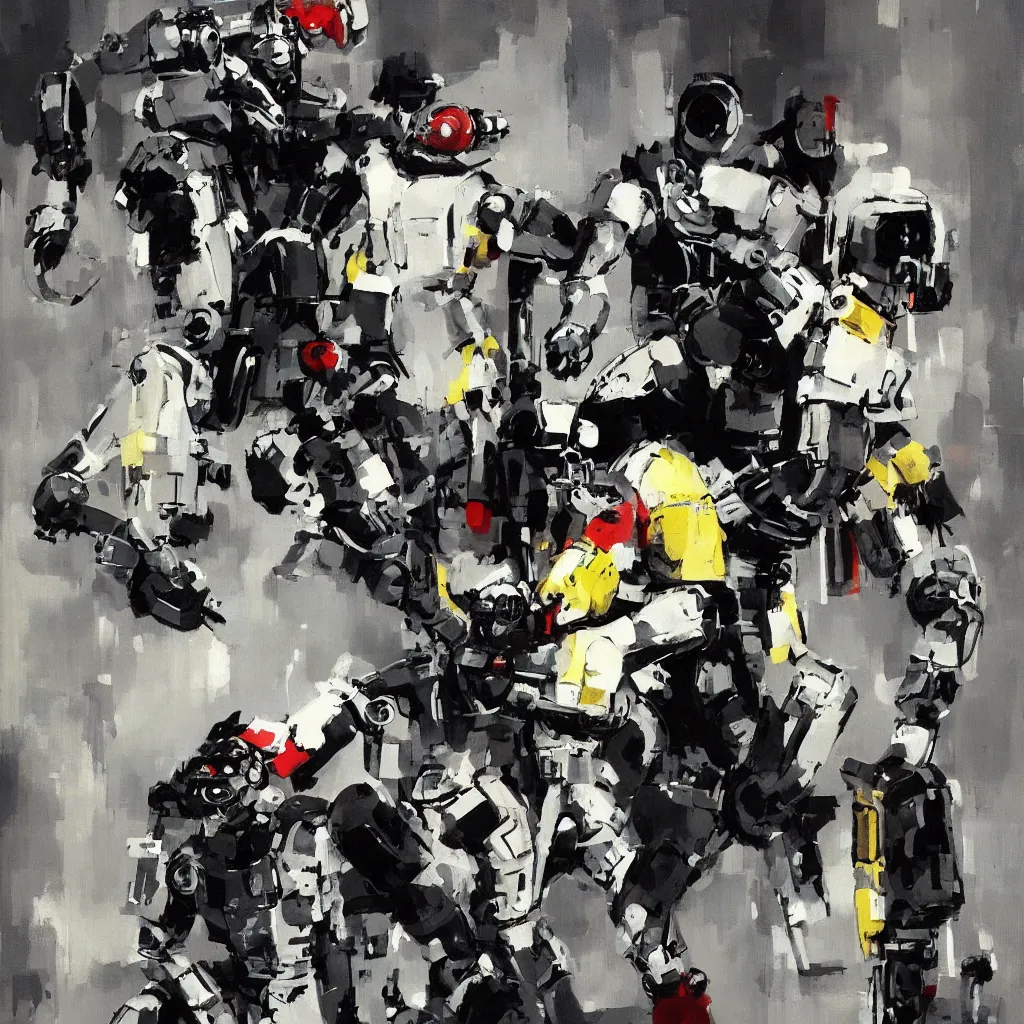 Image similar to a robot cop arresting people, painted by ashley wood