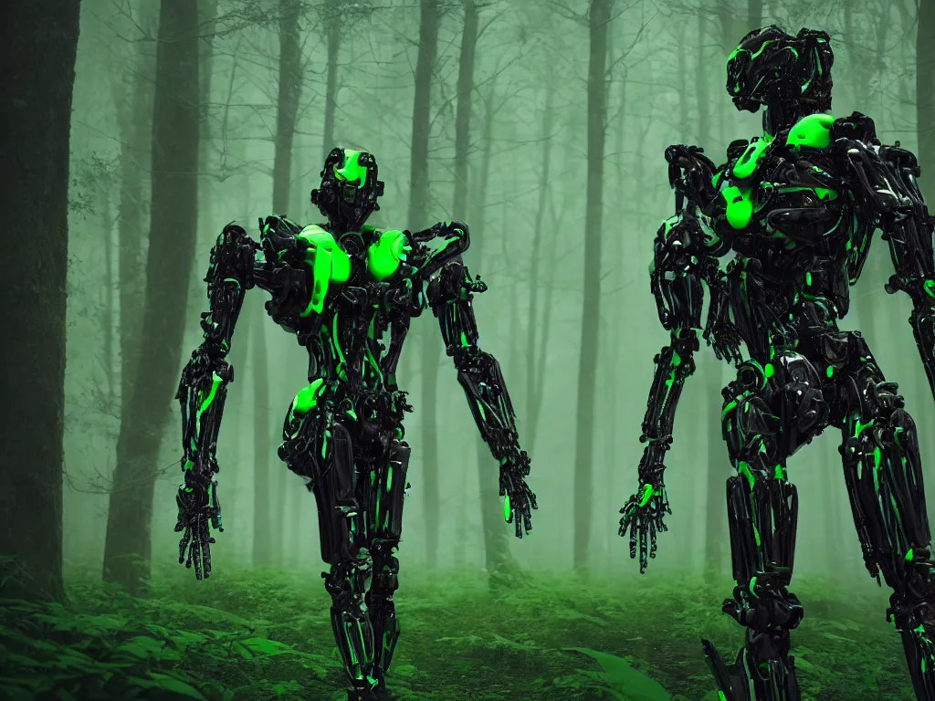 Prompt: a hyperdetailed humanoid mecha with a biomechanical neon green organic exoskeleton walking through a deep, foggy forest hd 35mm photography, octane render, cinematic 4k