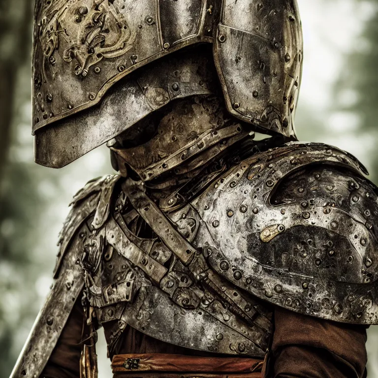 Prompt: closeup portrait photo of an armoured male warrior, in a forest, medieval style, elegant, highly detailed, centered, digital painting, smooth, sharp focus, 8 k. lifelike. soft light. nikon d 8 5 0