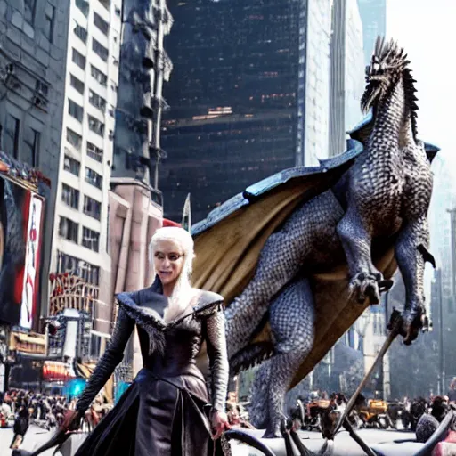 Image similar to game of thrones Daenerys riding a dragon in new york time square