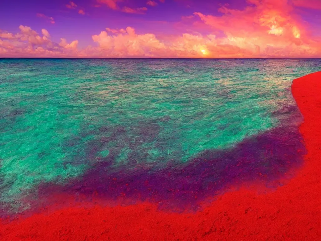 Prompt: purple nuclear bomb explosion, red sand beach, green ocean, nebula sunset