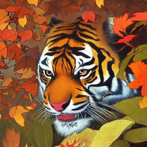 Prompt: a highly detailed portrait of cartoon tiger, sweating and flapping fan, autumn leaves on the ground, concise lines, ultradetailed environment, sharp focus, cinematic lighting, character art, 8 k, by alphonse maria mucha and kim jung gi