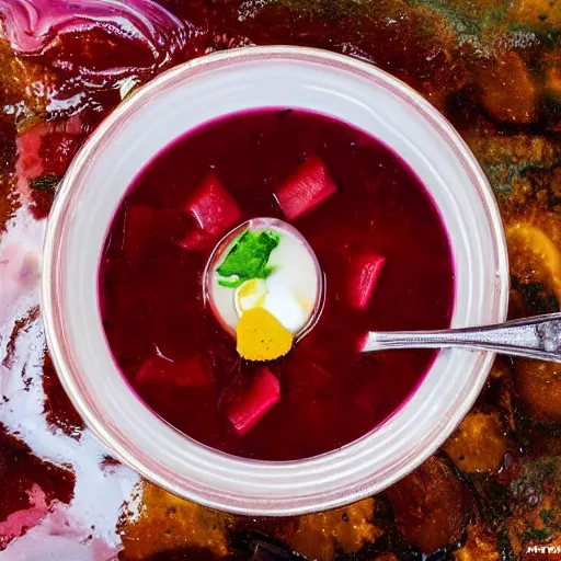 Image similar to a bowl of borscht soup that is a portal to another dimension, 8 k, high definition, highly detailed, photo - realistic