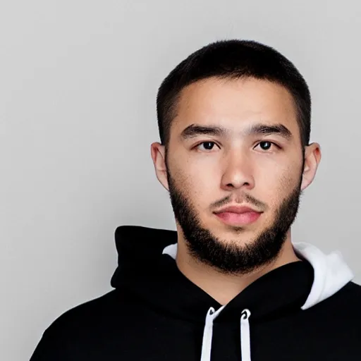 Prompt: a guy in a black hoodie in front of a plain white background, black and white