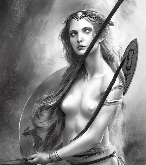 Image similar to beautiful young aphrodite goddess as an archer warrior, realistic face, beautiful eyes, black and white drawing, in the style of greg rutkowski, fantasy, amazing detail, epic, intricate, elegant, smooth, sharp focus