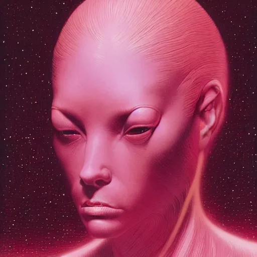 Prompt: pink scifi woman, by wayne barlowe