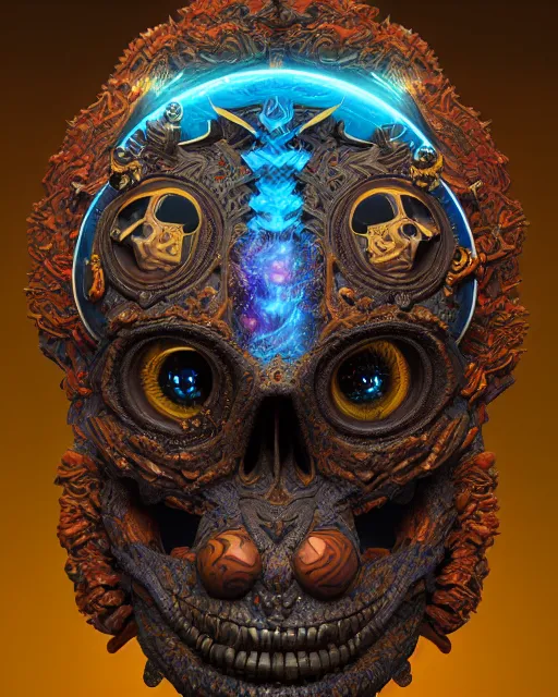 Prompt: 3 d ornate carved dark cosmic nomad with profile portrait, sigma 5 0 0 mm f / 5. beautiful intricate highly detailed quetzalcoatl skull. bioluminescent, plasma, lava, ice, water, wind, creature, thunderstorm! artwork by tooth wu and wlop and beeple and greg rutkowski, 8 k trending on artstation