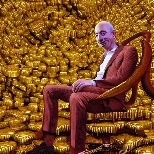 Image similar to jeff bezos sitting pile of gold scariest horror nightmare by junji ito, digital art, deepdream cosmic, 3 d high definition, trending on artstation, photorealistic, high resolution, 8 k, octane, hyper detailed, trending on deviantart insane details, intricate, elite, ornate, elegant trend, highly detailed and intricate, sharp focus, photography, unreal engine