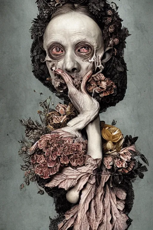 Image similar to Detailed maximalist portrait of a beautiful old woman with large lips and eyes, scared expression, botanical skeletal with extra flesh, HD mixed media, 3D collage, highly detailed and intricate, surreal illustration in the style of Caravaggio, dark art, baroque, centred in image