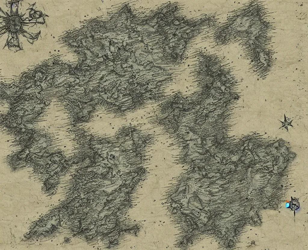 Prompt: ancient fantasy regional map, pencil, grass, mountains and oceans, on old parchment paper,