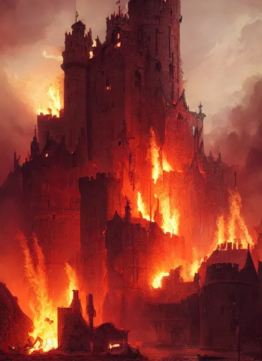 Prompt: a medieval castle burns, epic atmosphere, by greg rutkowski, nature by asher brown durand, composition by yoshitaka amano