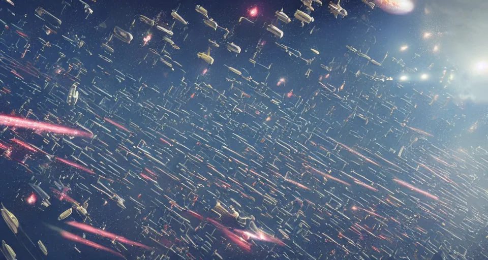 Prompt: a million passenger spaceships in formation migrating in outer space, dutch angle from space view, concept art, high detail, intimidating, epic scale ultrawide angle, cinematic, Artstation trending, octane render, hyperrealistic, Cryengine 8k UHD