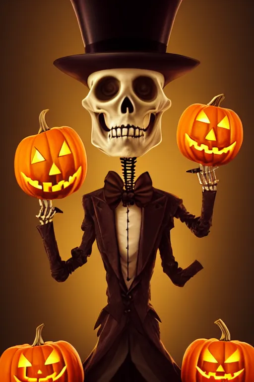 Image similar to portrait of a skeleton with a top hat holding a jack - o - lantern, halloween night, charlie bowater, artgerm, ilya kuvshinov, krenz cushart, ruan jia, realism, ultra detailed, 8 k resolution