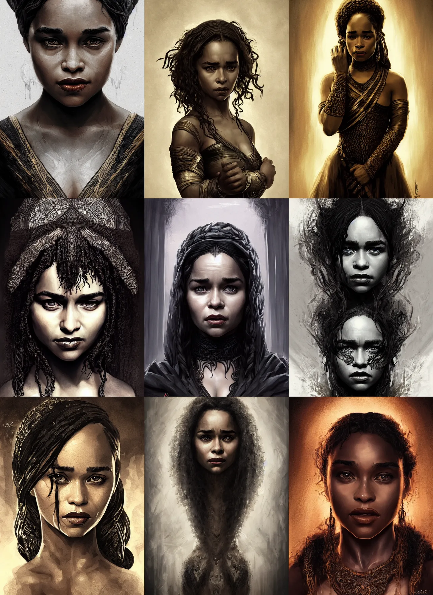 Prompt: black african emilia clarke symmetrical portrait, intricate, moody, dark, highly detailed, digital painting, artstation, concept art, smooth, sharp focus, illustration, orientalism, rutkowski, aleksi briclot, mucha