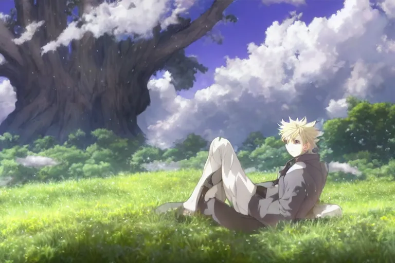 Image similar to a vast scene, panorama distant view, anime art full body portrait character concept art, hyper detailed scene render of a boy and white lion, anime key visual of violet evergarden, finely detailed perfect face delicate features directed gaze, in the white clouds fairyland, trending on pixiv fanbox, violet evergarden, studio ghibli, james jean, extremely high quality artwork