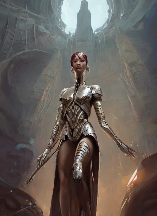 Image similar to a professional painting of a beautiful young female alien, clothed in ethereal armor, olive skin, long dark hair, beautiful bone structure, symmetrical facial features, intricate, elegant, digital painting, concept art, smooth, sharp focus, illustration, from Valerian and the City of a Thousand Planets, by Ruan Jia and Mandy Jurgens and Artgerm and William-Adolphe Bouguerea