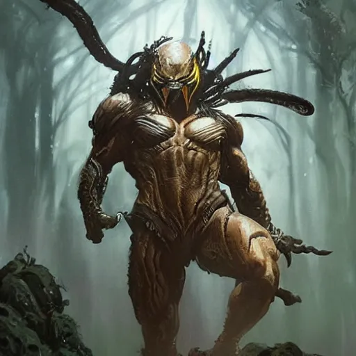 Image similar to The Predator, warrior scene, fantasy, intricate, elegant, highly detailed, digital painting, artstation, concept art, smooth, sharp focus, illustration, fine art by artgerm, greg rutkowski, alphonse mucha