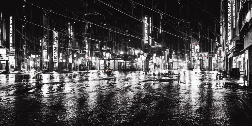 Prompt: a city street at night, raining, photograph, cyberpunk, sharp focus, intricate detail, Desolate, drone shot, high resolution, 8k, neon streetlights, wires hanging down everywhere