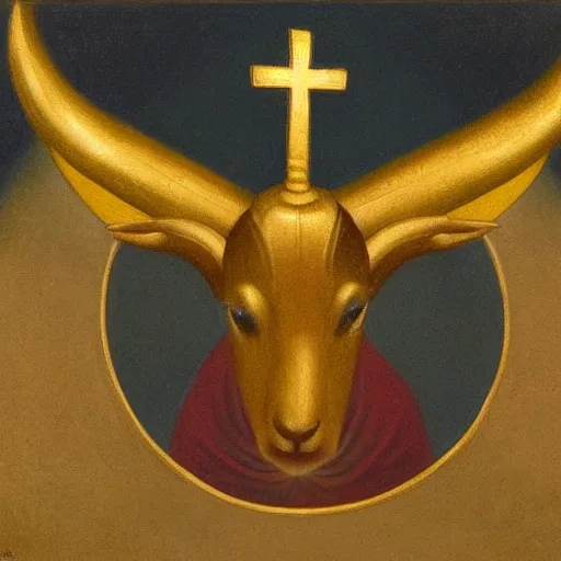 Image similar to golden goat with large horns inside a church with large glowing cross, painted by Quint Buchholz and Carl Gustav Carus