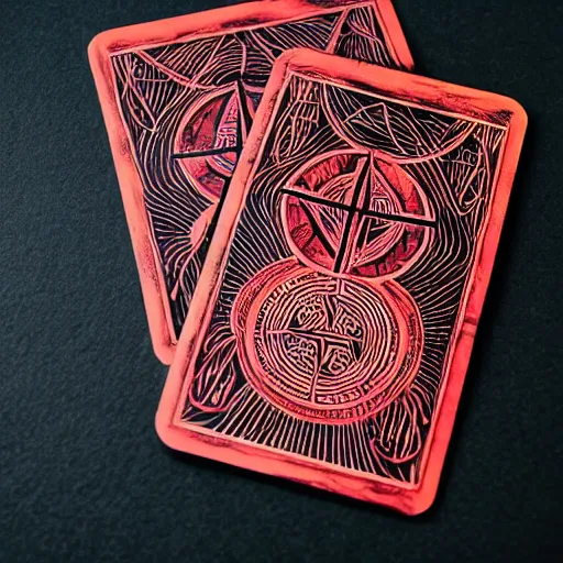 Image similar to tarot card on black paper of intricate red illustration of runes